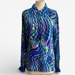 Johnny Was Workshop Moonwave Graphic Button-Down Silk Shirt sz Large